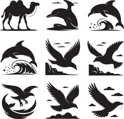 Obraz premium Silhouette collection of animals and nature elements Keywords: camel, dolphin, eagle, wave, ocean