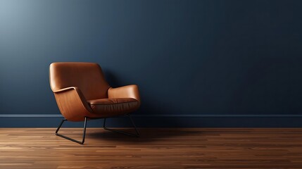 Modern interior of living room with leather armchair on wood flooring and dark blue wall