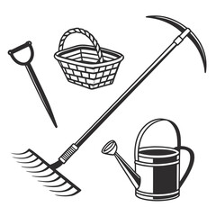 A collection of black and white illustrations depicting essential gardening tools including a rake a shovel a watering can a pickaxe and a basket on a white background