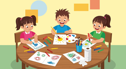 Group of Young Children Happily Painting and Drawing Together.