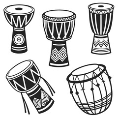 A collection of five distinct black and white illustrations of african drums with traditional geometric patterns and tribal motifs presented on a clean white background