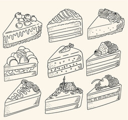 Set of vintage-style cake slice illustrations, minimalist line drawings in vector for bakeries, cafes, birthdays, cards, menus, pastries, or graphic design.