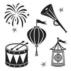 A collection of black silhouette icons representing festive celebrations including fireworks a drum with sticks a traditional lantern a party horn and a decorative tent or pavilion