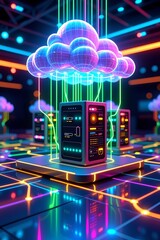 Futuristic Holographic Data Center with Neon Data Streams