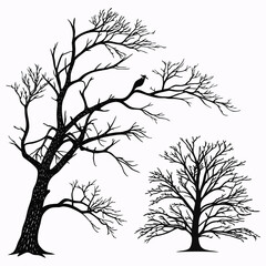 Silhouette of bare winter trees with a bird perched on a branch against a white background evoking a sense of solitude and the changing seasons