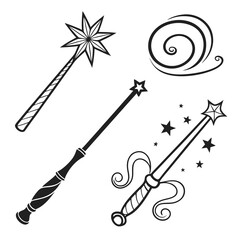 Collection of three distinct black and white magic wands and a swirling magical effect perfect for fantasy or whimsical designs
