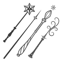 Collection of four stylized black and white magical wands and staffs with decorative elements and different tip designs on a white background