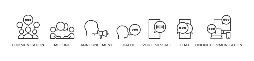 Seamless Communication Icons set vector illustration with Communication, Meeting, Announcement, Dialog, Voice message, Chat, Online communication