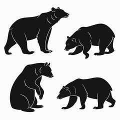 Four black silhouette illustrations of bears in different poses on a white background showcasing their natural forms and movements
