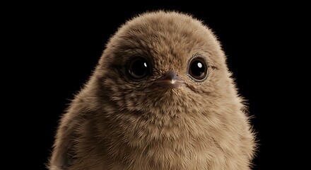 Fototapeta premium Close-up portrait of a fluffy brown baby bird with large, dark eyes against a black background
