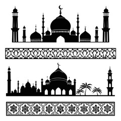 Collection of islamic architectural silhouettes featuring mosques with domes and minarets accompanied by decorative ornamental borders with intricate geometric patterns