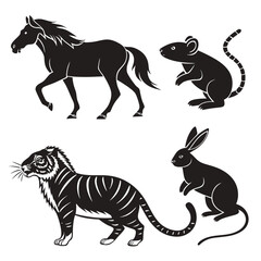 Obraz premium Collection of stylized black silhouettes of a horse a tiger a rabbit and a mouse on a white background representing animals from the chinese zodiac