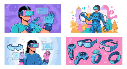Virtual Reality Experience - People Immersed in Digital Worlds with VR Headsets and Controllers.