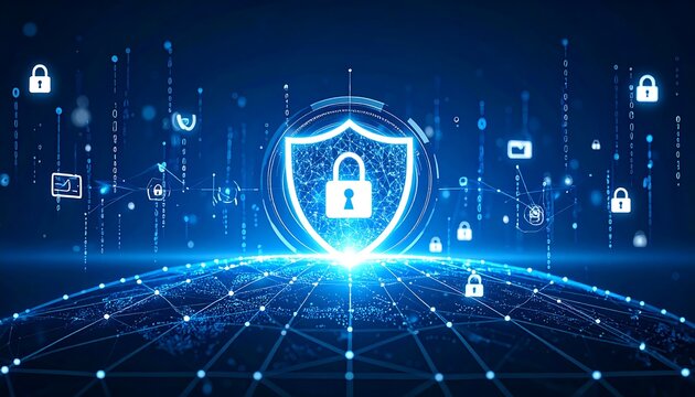 Digital shield with padlock, surrounded by data streams and network nodes, signifying security and data protection