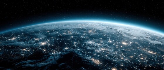A breathtaking view from space showcases the Earth's curvature, city lights twinkling across the surface under a thin atmospheric glow.