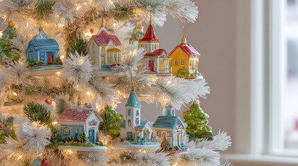 Obraz premium beautifully decorated christmas tree adorned with virtual ornaments shaped like tiny houses