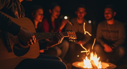 Campfire Serenade: Guitarist and Friends Gather Around Glowing Embers at Night