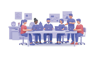 Team collaborates on project around conference table in modern office, discussing data and strategies with focused determination.