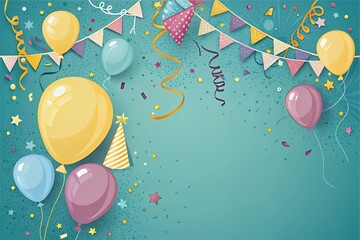 Festive birthday celebration with balloons confetti and bunting