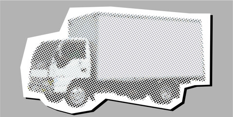 Truck box halftone dotted collage element pointillize in paper torn vector. A striking design for transportation, logistics, and shipping themes.