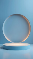 Circular podium with illuminated backdrop and soft blue background stage platform