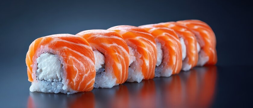 A beautifully presented row of fresh salmon sushi rolls showcases a delicious and visually appealing culinary creation for dining enjoyment.