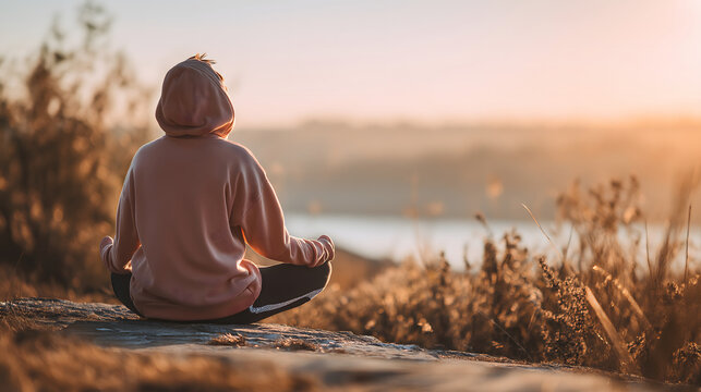 relaxed person meditating in nature, peaceful atmosphere