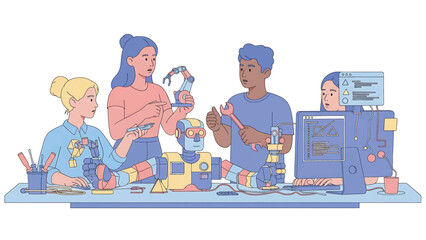 Diverse group of students collaborating on robotics project in classroom, showcasing teamwork and innovation with a focus on STEM education.