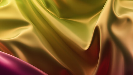 3D render of smooth abstract fabric folds in vibrant yellow, orange and magenta gradient.