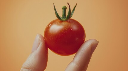 A hand delicately holding a ripe, red cherry tomato against an orange background.
