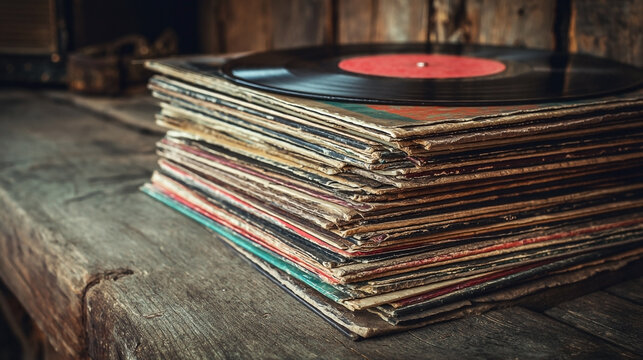 Stacked Vinyl Records on Weathered Wood Surface Showcasing Nostalgia