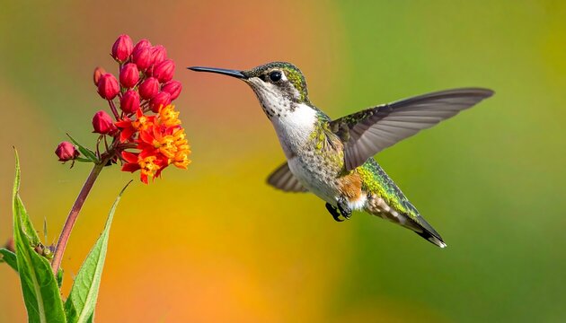 A vibrant hummingbird hovers near a cluster of vibrant orange and red flowers, showcasing a captivating display of nature's beauty. - Powered by Adobe