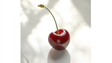 A single, ripe cherry with a green stem against a white background.
