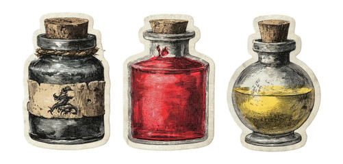 Vintage potion bottles with cork stoppers in black, red, and yellow colors