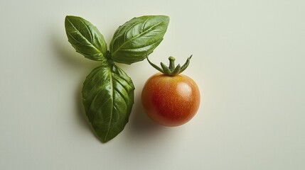 Fresh basil leaves and a ripe tomato on a light background