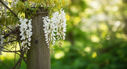 Cascading White Wisteria Blooms on Rustic Wooden Post, Soft Bokeh Background