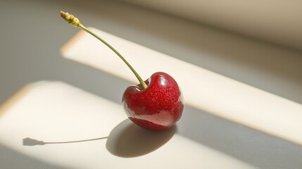 Close-up of a single, ripe cherry with a long stem in natural sunlight.
