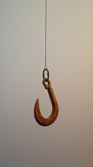 Close-up of a weathered metal hook hanging from a thin wire against a gradient background.