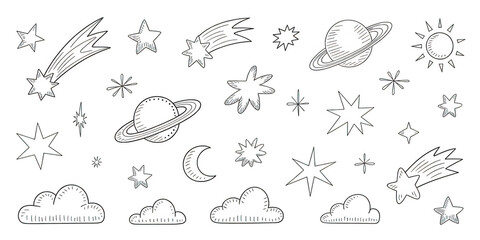 Whimsical hand-drawn sketch collection of celestial bodies and weather elements