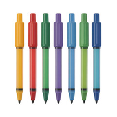 Collection of six colorful pens standing upright isolated on transparent background