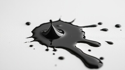 Black liquid splash with a drop on a white surface