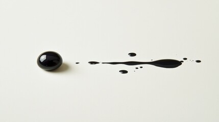 A glossy black sphere with a trail of spilled ink on a neutral background.