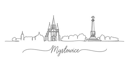 Myslowice line art skyline with Poland, and cityscape.