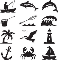 Black Silhouette Icons Of Fishing Dolphin Wave Lighthouse Anchor Crab Sailboat And Pelican