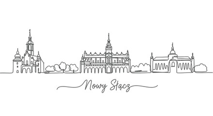 Naklejka premium Nowy Scz skyline with Poland, Line art, and Minimal.