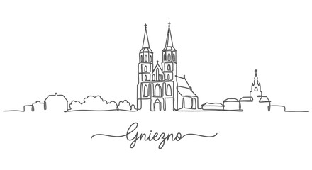 Fototapeta premium Gniezno skyline Poland Continuous line.
