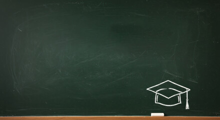 Chalkboard Graduation Cap Drawing with Chalk Piece on Wooden Ledge