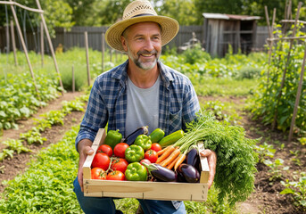 Smiling mature farmer proudly holding a wooden crate overflowing with a vibrant assortment of freshly harvested organic vegetables from his garden