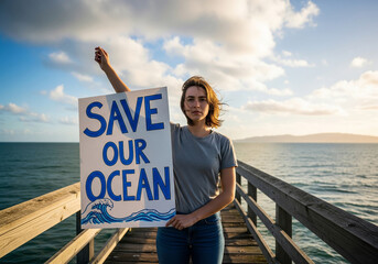 Dedicated female activist stands on a wooden pier, holding a 'Save Our Ocean' protest sign for environmental conservation and climate action