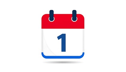 A simple, flat design calendar icon displays the date as the first of the month, with a red, white, and blue color scheme.